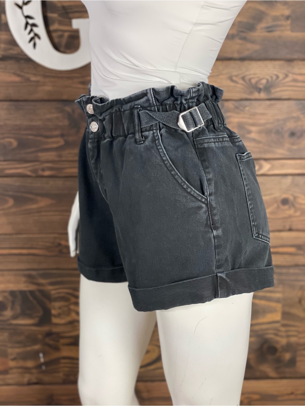 Forever 21 | High-Waist Paperbag Black Denim Jean Shorts Roll Tab Cuff Buckle